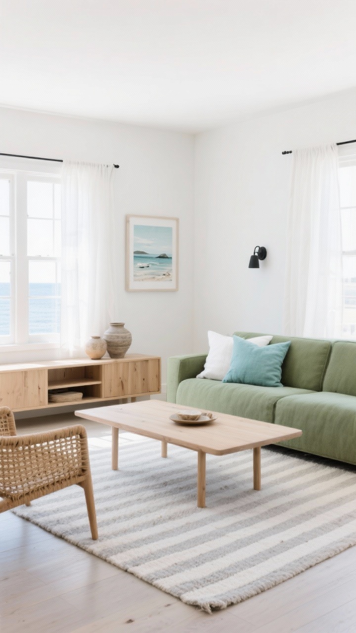 Wide airy shot, Scandi-Coastal Light and Airy: A light-filled living room with soft white walls, a sage/moss green sofa styled with crisp white linen pillows and one sea-glass blue cushion. A slim oak coffee table and a bleached wood media console along the wall. Flat-weave striped rug in pale gray and ivory underfoot. A rattan accent chair and simple matte black sconces flank the seating. Airy sheers at the windows, coastal artwork and textured pottery on the console. Clean lines, uncluttered composition, gentle coastal palette. Bright natural daylight, photorealistic, straight-on perspective.