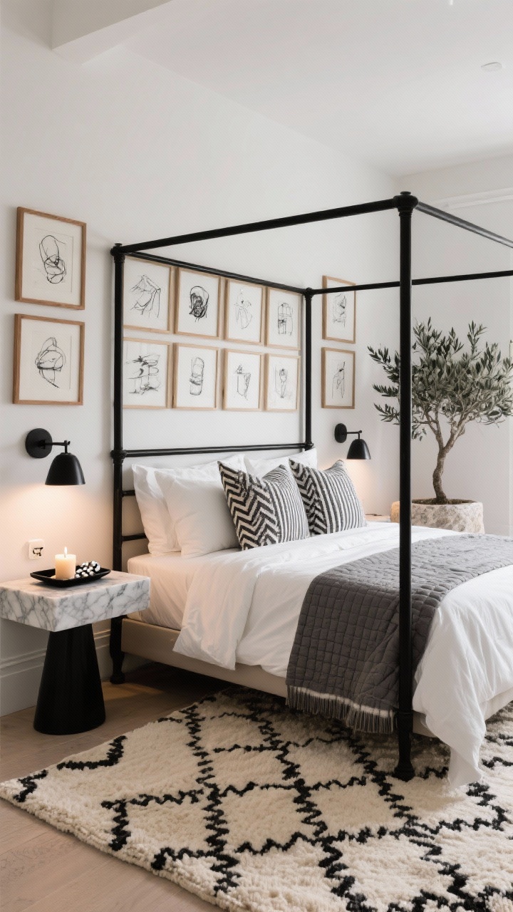 Wide angled shot: Artful monochrome guest bedroom with warm white walls and a black metal canopy bed creating airy structure. The bed features white sateen bedding layered with a graphite quilt and pillows in small-scale herringbone and pinstripe patterns. Underfoot, a cream-and-black Moroccan-style rug softens the geometry. Marble-topped nightstands with black bases hold matte black sconces with dimmers overhead. A gallery wall of black-and-white sketches and line drawings is interspersed with warm wood frames; a single olive tree in a stone planter adds organic warmth. A glossy black tray with a candle and mints sits on the nightstand. Crisp yet cozy evening lighting, photorealistic.