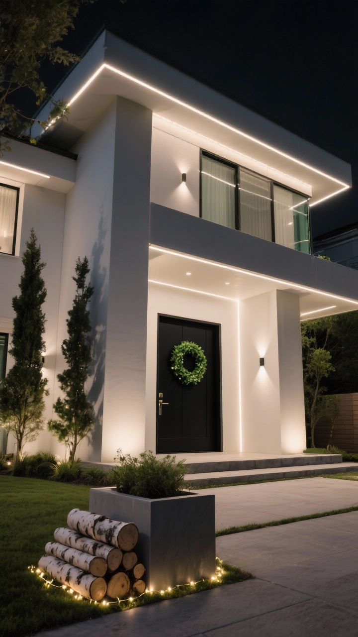 Wide architectural night shot from a low angle of a modern home with clean lines traced by straight-run neutral warm-white LED strips—no icicles or scallops; discrete uplights at the base of columns and trees creating sculptural shadows; a monochrome matte-black or deep-green wreath on the door, subtly backlit with micro LEDs; ground-level minimalist cube planters stacked with birch logs and a halo of fairy lights; color palette warm white, charcoal, deep green; controlled brightness as if on a smart dimmer; sleek, high-end hotel vibe, photorealistic.