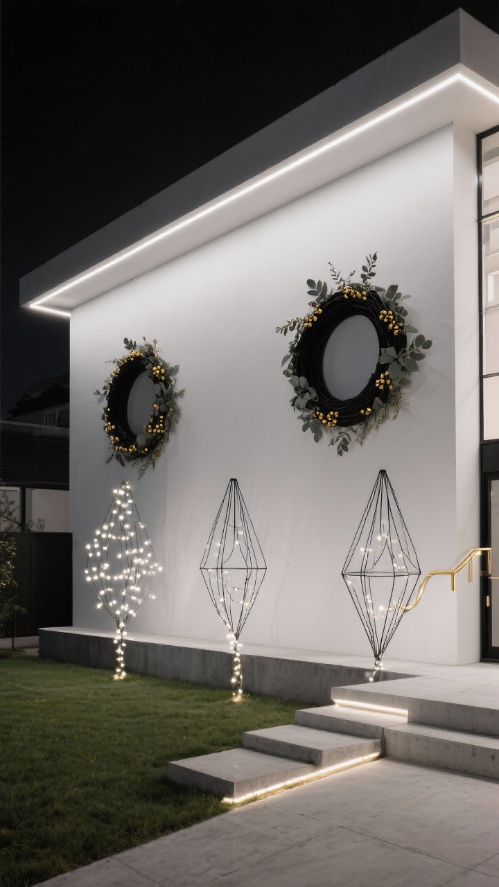 Wide architectural night shot of a modern monochrome exterior: crisp warm-white LED strip lights outlining the roofline and the edges of concrete steps for clean geometric lines, matte black ring “wreaths” on the facade sparsely wrapped with eucalyptus and gold berry picks, and three minimalist wire-frame trees in the yard at staggered heights wrapped in soft white micro lights; palette black, white, brass/gold, warm white; cords hidden, gallery-clean, graphic and chic.