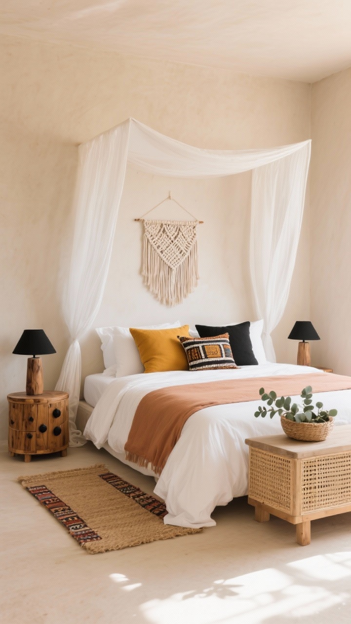 Wide bedroom shot, Desert Muse Bedroom: serene sand-toned walls and a canopy bed draped in gauzy white textile. Bedding includes crisp white sheets, clay-colored duvet, and African-inspired pillows in saffron, black, and off-white. Suar wood drum tables as nightstands topped with matte-black lamps. Simple macramé wall hanging over the headboard. Jute rug layered with a small patterned dhurrie near the bed. Cane-front dresser with black knob pulls. A shallow basket filled with eucalyptus on a surface. Photorealistic, morning light, calm and airy, straight-on perspective.