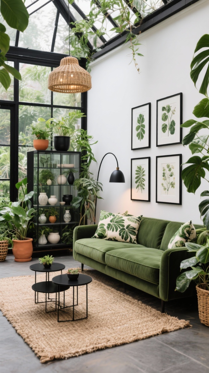Wide botanical conservatory view with black accents: a deep-green sofa anchored by charcoal trim and abundant leafy plants; jute/sisal rug grounds the space; black metal nesting tables and a glass display cabinet showcasing ceramics and cuttings; botanical prints in black frames line the wall; planters mixed in matte black, terracotta, and woven baskets; lighting from a rattan pendant and/or a black arc lamp over the sofa; textiles in leafy prints, mossy greens, creamy neutrals; lush, modern contrast, photorealistic.