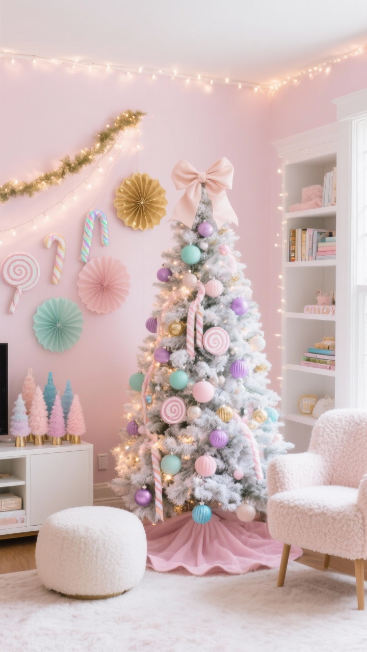 Wide, bright den scene, photorealistic: A frosted Christmas tree in a cheerful pastel space with pale pink or soft white walls. The tree is layered with pastel ornaments—blush, mint, lilac, sky blue—plus playful felt garlands, oversized paper honeycombs, and velvet ribbons in varied lengths. Faux “candy” picks like iridescent swirls and peppermint-style discs tucked throughout. A blush tree skirt at the base; nearby, a cozy bouclé accent chair, white bookcases, and a round ottoman. Warm-white fairy lights create a dreamy haze; soft gold accents glint subtly. Finishing detail: a pale satin bow as the topper, and a cluster of pastel bottle brush trees on the media console. Camera slightly elevated, straight-on wide shot for a whimsical, family-friendly vibe.