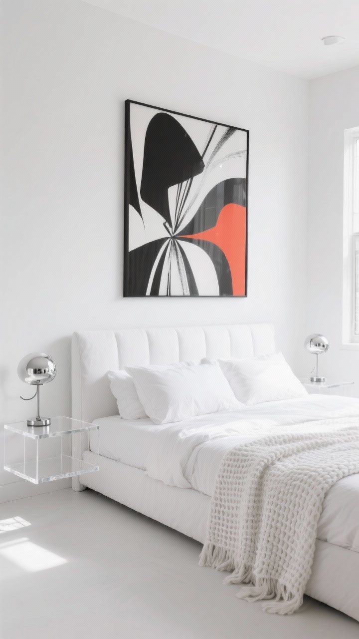 Wide, bright “Modern Monochrome” bedroom scene: all-white walls, white bedding, and a white slipcovered headboard forming a seamless, spacious canvas. Clear acrylic bedside shelves appear to float, each with a compact chrome-accented globe lamp. One oversized bold artwork above the bed—graphic black-and-white or a single vivid color splash—provides contrast. A textured white throw (waffle knit or matelassé) adds depth at the foot of the bed. Clean, gallery-like daylight, crisp and airy. Photorealistic.