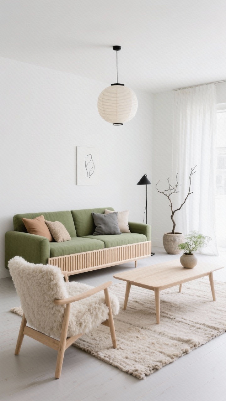 Wide, bright Scandinavian living room: a low-profile sage green linen sofa against matte white walls, facing a pale oak slat media console. A soft shearling/bouclé accent chair and a pale birch coffee table with clean lines. Oatmeal wool flatweave rug grounds the space; airy gauze curtains filter daylight. Scatter pillows in chalky clay, pebble gray, and flax. Lighting: paper lantern pendant overhead, slim black floor lamp. Accents: stoneware planters, a single sculptural branch, minimal line art. Palette: sage, oat, birch, chalk white, soft black. Photorealistic, calm and airy.