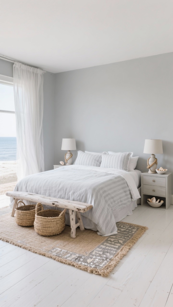 Wide coastal bedroom, airy daylight: misty grey walls, whitewashed floors, slipcovered bed in oyster linen with a light grey striped duvet; seagrass baskets and a pale driftwood bench at the foot, gauzy sheer curtains moving gently; sand-colored jute rug layered with a silvery kilim, ceramic lamps with subtle rope details on nightstands, a small bowl of shells on one side; breezy, soft, chalk white highlights; photorealistic.