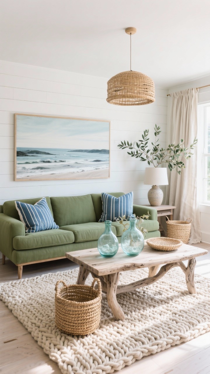 Wide coastal interior, Coastal Clean with Olive: low-profile olive green sofa against soft white shiplap walls. Driftwood-style coffee table centered, chunky knit rug in sand under seating. Subtle coastal accents: indigo-striped pillows, sea-glass vases on the table, a large coastal landscape print in muted blues and grays above. Woven textures: seagrass baskets and a rattan pendant light. Linen curtains, ceramic table lamp on a side table, eucalyptus or olive branches in a vase. Bright, airy daytime light, beachy but refined, shot from a slight overhead corner angle, photoreal.