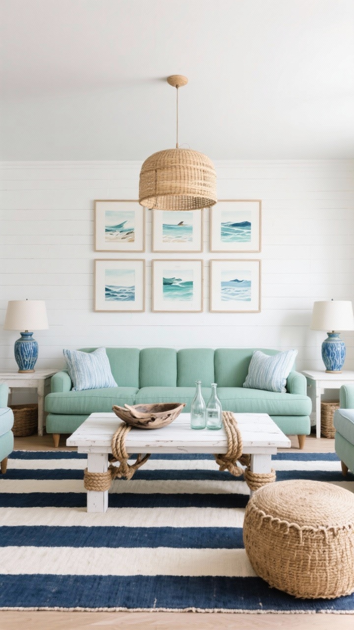 Wide coastal living room, straight-on: a tailored sea-glass green sofa against soft white shiplap walls. Striped navy-and-cream rug anchors the scene; whitewashed coffee table centered with driftwood bowl and glass bottles. Rope-wrapped accents on decor pieces, a big round jute ottoman for extra seating. Coastal gallery of ocean sketches arranged above the sofa. Lighting: woven drum pendant overhead and ceramic lamps with blue glaze on side tables. Fabrics are crisp cotton and linen with light denim blue touches. Palette: sea glass, navy, chalk white, sandy beige. Photorealistic, breezy and fresh.