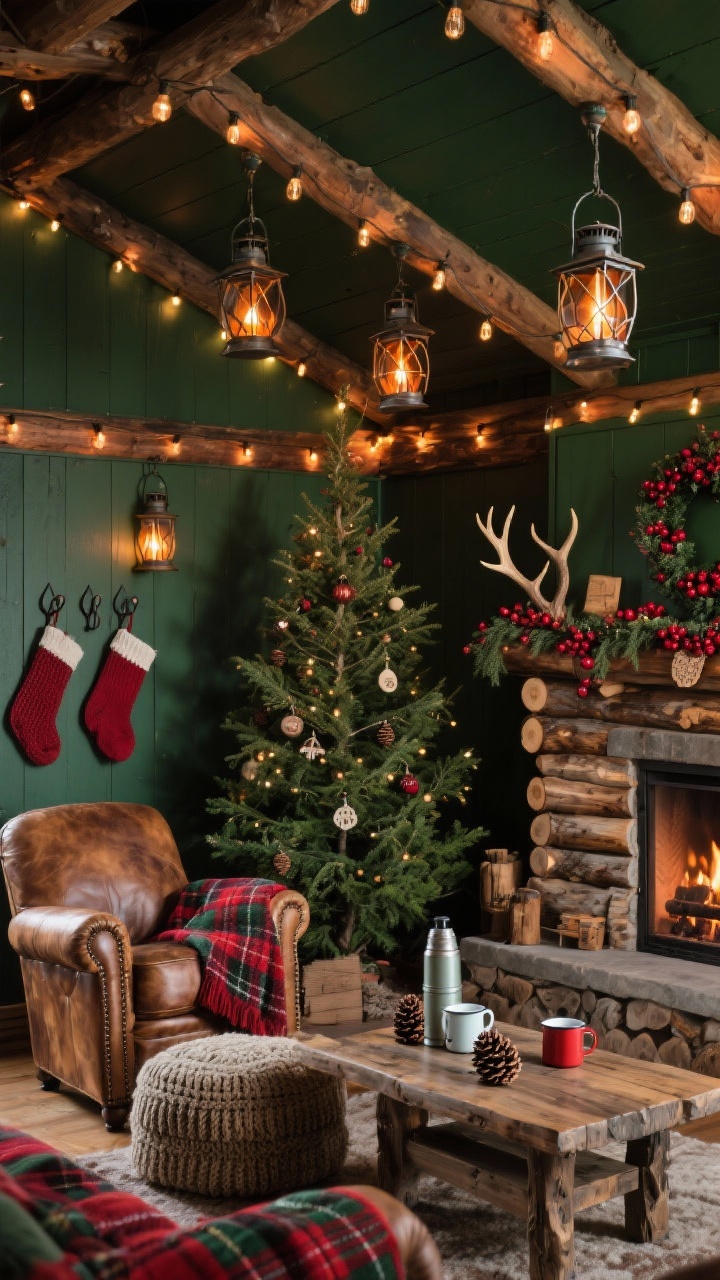 Wide, corner angle den: Rustic cabin with dark green walls, ceiling beams zigzagged with vintage lantern-style string lights—metal-caged lantern bulbs with amber glass for a fireside hue—also wrapped around a stacked-log mantel. Rugged furniture: leather club chair, chunky knit ottoman, rough-hewn coffee table. Tartan throws in red and forest, oversized knit stockings on iron hooks. Decor details: pinecones, enamel mugs, antler accents, vintage thermoses. A full spruce tree with warm incandescent minis, cranberry garland, and wood ornaments. Cozy, lodge-like warmth.