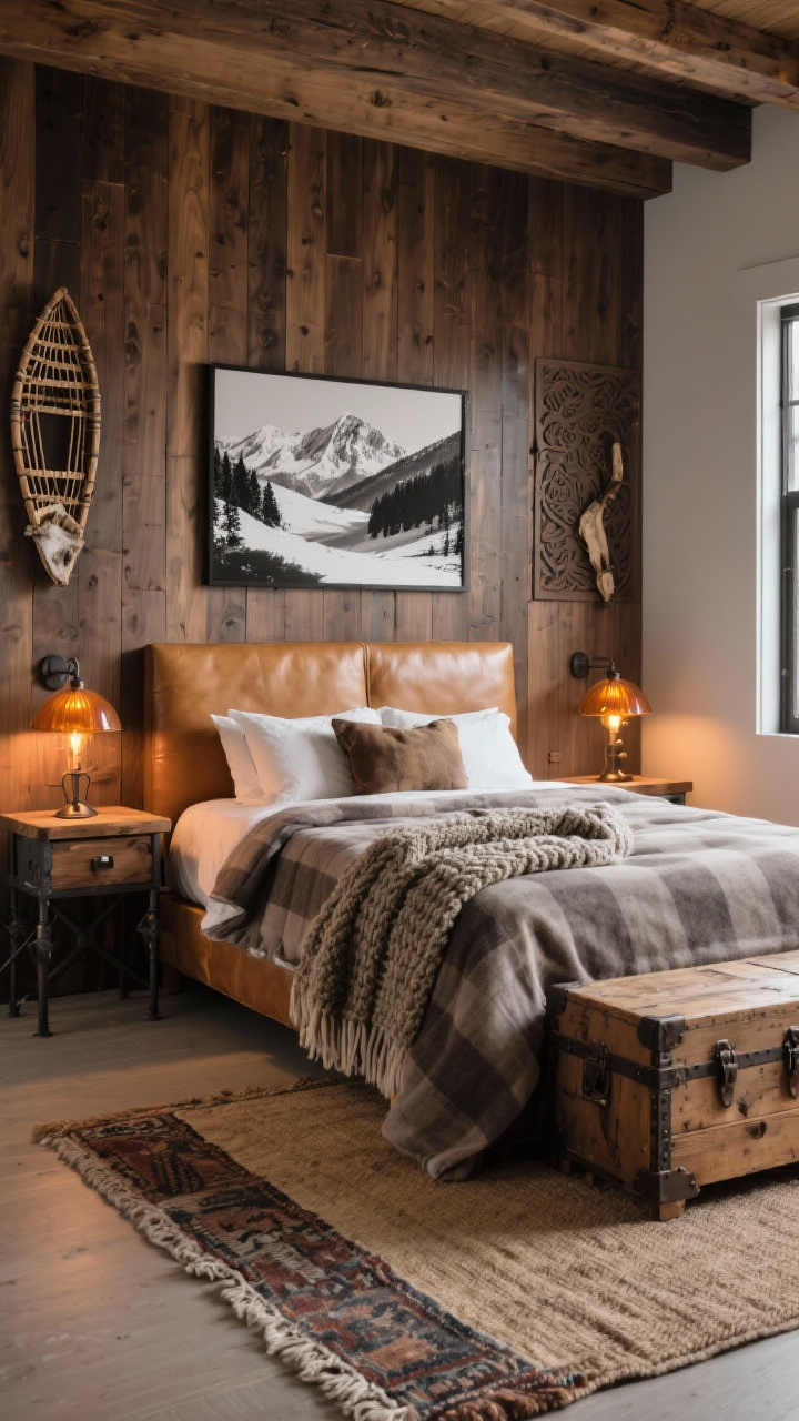 Wide corner angle: Modern rustic lodge bedroom with one wall clad in vertical tongue-and-groove paneling stained walnut. Leather-upholstered headboard in camel/tobacco; bed layered with heathered flannel sheets, a wool blanket, and a chunky knit throw. Forged iron nightstands with wood tops and amber glass lamps emitting fireside 2200–2700K warmth, all on dimmers. At the foot, a reclaimed-wood trunk-style bench. Over the bed, a black-and-white landscape; on the panel wall, antique snowshoes or a carved panel. Layered rugs: sisal base with a vintage wool runner on top. Photorealistic, cozy alpine vibe.