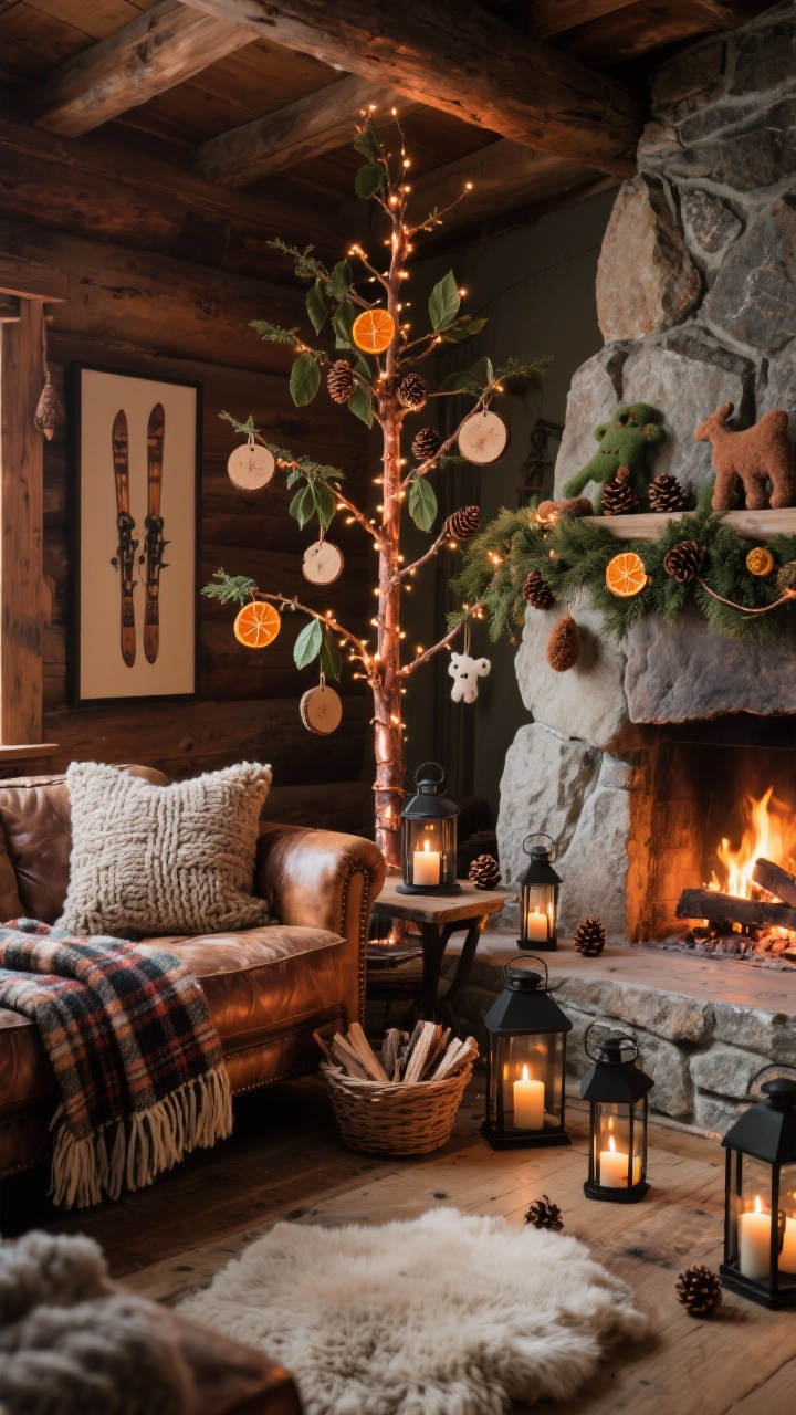 Wide cozy corner, Rustic Alpine Den With Copper Glow: A warm den with a slim tree nestled between a rugged stone fireplace and a worn-in leather sofa. The tree glows with copper fairy lights and is decorated in copper, cinnamon, and forest green: wood slice ornaments, mini pinecones, felted animals; a tartan wool tree skirt. Dried orange slice garland with bay leaves threads through branches. Nearby, a rustic lantern on a side table and vintage skis artwork. Textiles include chunky knit throws, plaid pillows, and a sheepskin by the hearth. Scatter black metal lanterns with flickering candles and a basket of kindling. Firelight and warm ambient glow, cabin-cozy mood, photorealistic.