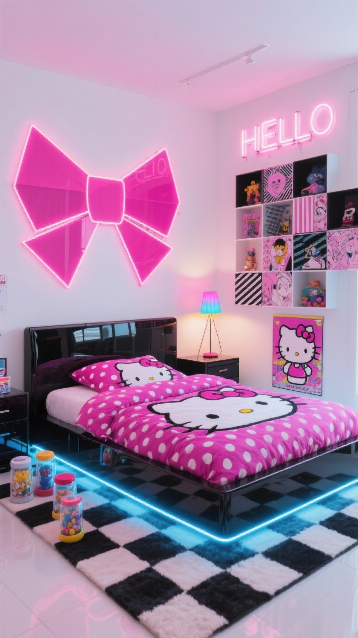 Wide dynamic angle with arcade vibes: A bold Tokyo Arcade Pop bedroom with white walls featuring a giant hot-pink geometric accent shape behind the bed in the form of a bow. A glossy black platform bed frame dressed in checkerboard sheets and a punchy Hello Kitty comforter in magenta and electric blue. LED strip lighting glows under the bed; a neon “HELLO” sign on the wall; a color-changing floor lamp in the corner. A grid of cube shelves displays collectibles, each cubby lined with different patterned papers—stripes, polka dots, manga panels. A checkerboard rug, capsule-toy jars, and a Hello Kitty arcade poster complete the scene. Textures: glossy lacquer, acrylic, vinyl, chrome. Photorealistic, high-contrast neon lighting.