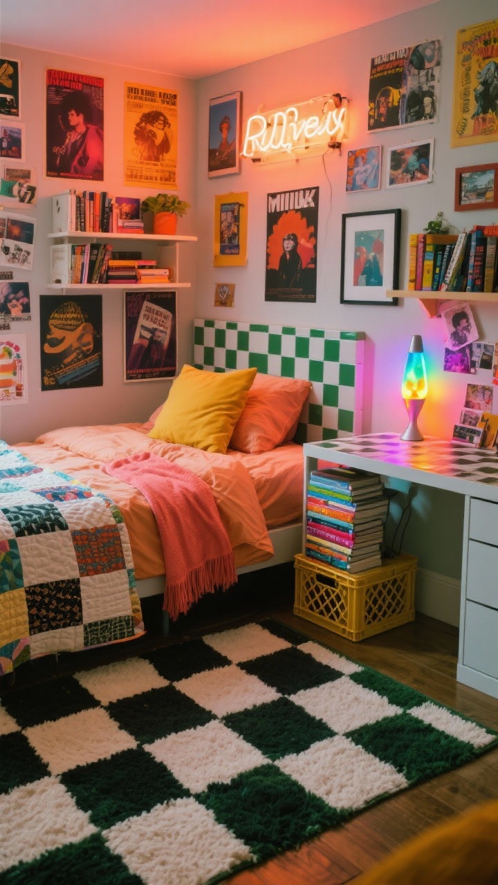 Wide, energetic dorm room scene in Retro Indie Maximalist style. Checkerboard rug (cream and moss or black and white) anchoring the floor. Bed styled in a sunset palette: apricot sheets, coral throw, mustard pillow, plus a quirky patterned quilt layered on top. Walls jam-packed with band posters, thrifted art, and postcard collages in mismatched frames. Desk surface updated with peel-and-stick checker tiles; a neon sign glowing above the headboard. Milk-crate shelves used for storage and display next to a color-coordinated book stack. Lava lamp or color-changing LED strip set to warm hues for ambiance. Shot from a low corner angle to show depth and personality.