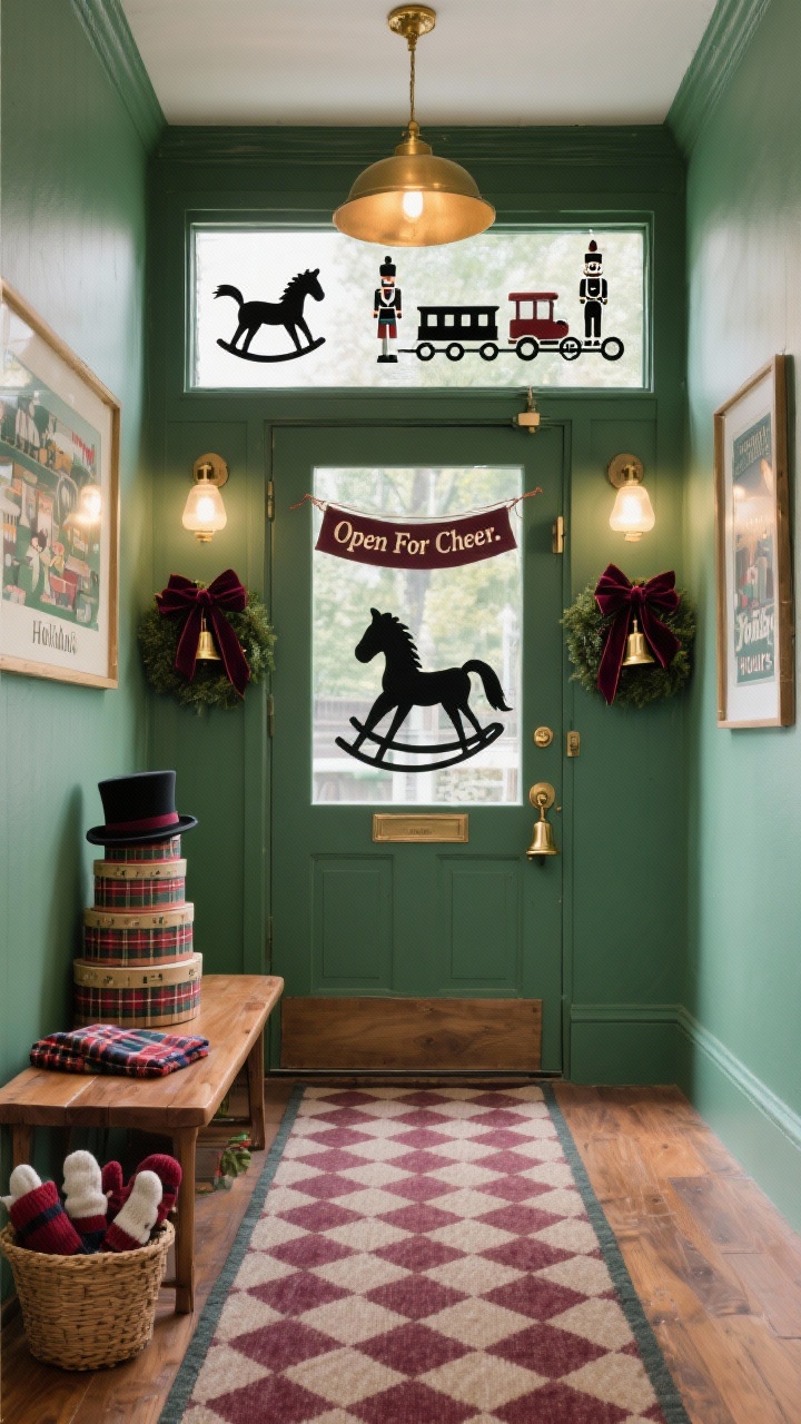 Wide entryway shot, straight-on: Vintage toy shop-inspired foyer with sidelights and transom decorated in matte black or deep green silhouette decals of rocking horses, nutcrackers, and toy trains marching along the glass, plus a tiny banner reading “Open For Cheer.” A walnut bench holding plaid scarves and a basket of mittens; checkerboard runner leading inward. Overhead, a brass pendant casting warm light onto stacked hat boxes wrapped with velvet ribbon. Mini wreaths with velvet ties, vintage bells on the doorknob, framed “Holiday Hours” print on the wall. Palette of hunter green, walnut, burgundy, antique brass; nostalgic, polished mood; photorealistic.