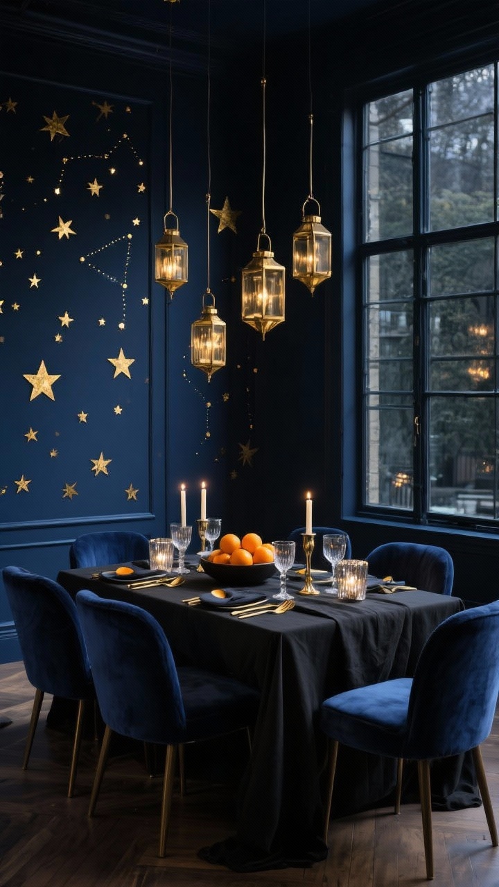 Wide evening shot, slightly low angle: Moody dining room with floor-to-ceiling windows scattered with metallic gold star decals irregularly spaced, plus a few brass star lanterns hanging to create a constellation effect against deep navy walls. Dining table dressed with a black linen runner, brushed-gold flatware, smoky glass goblets, and taper candles; mercury glass votives glimmering. Velvet chairs in inky blue around the table; a bowl of clementines adds a citrus pop. Color story of midnight blue, gold, black, charcoal; intimate, dramatic glow; photorealistic.
