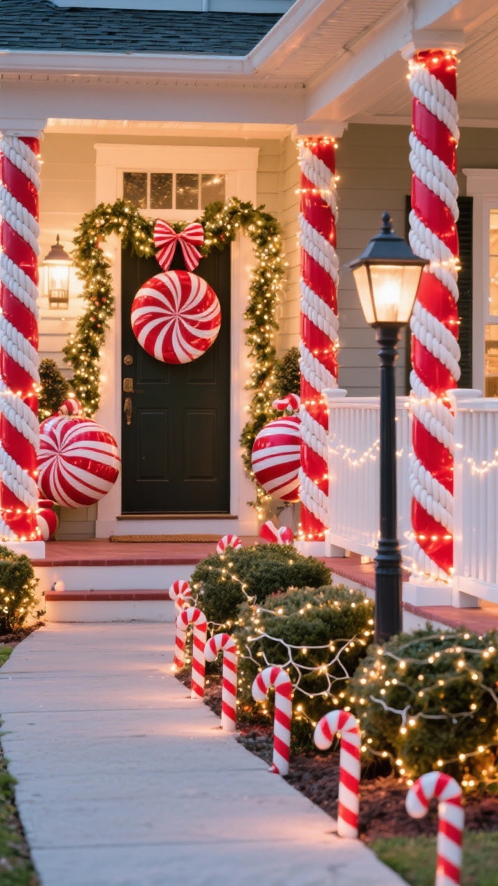 Wide front-porch shot focusing on bold candy-cane stripes: red and white rope lights tightly wrapped around porch columns like candy canes, the same spiral pattern up railings and a nearby lamp post, doorway framed with oversized peppermint ornaments and a striped ribbon garland, shrubs covered in warm-white net lights, and a walkway lined with candy cane stake lights at regular intervals; colors true red, crisp white, warm-white lighting; playful, high-contrast holiday pop.