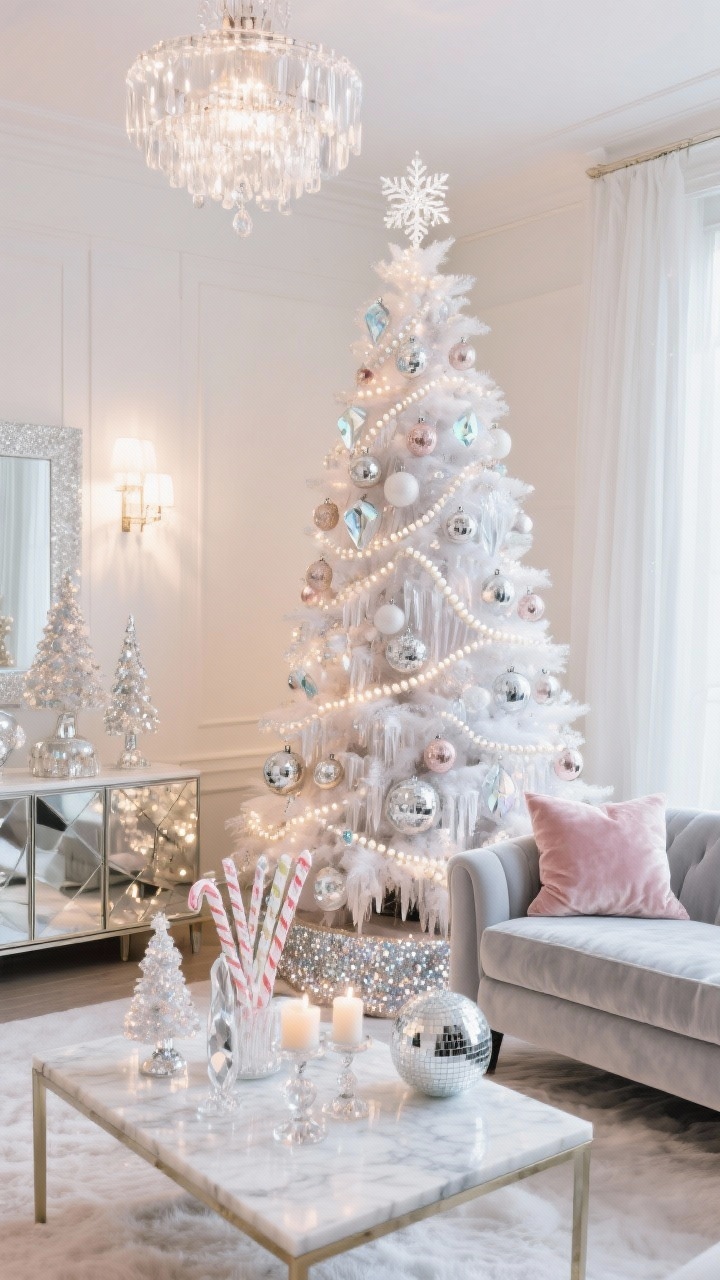 Wide glam shot, Sugar Crystal Glam Suite: A white/silver Christmas tree layered with clear crystal icicles, sugar-glitter ornaments, and pearl-beaded garlands in an icy palette of white, champagne, silver, and a hint of blush. Oversized candy jewels: faceted acrylic gems, rock-candy sticks, mirrored disco-ball baubles. Beaded snowflake topper and sequined tree skirt. Room styling: pale gray velvet sofa, mirrored sideboards, marble-topped coffee table, crystal candleholders, mercury glass trees, blush velvet throw pillows. Dimmable warm LEDs, a glass chandelier above, and subtle uplights creating dramatic sparkle. Photorealistic, elegant, slightly elevated corner angle to capture shimmer.