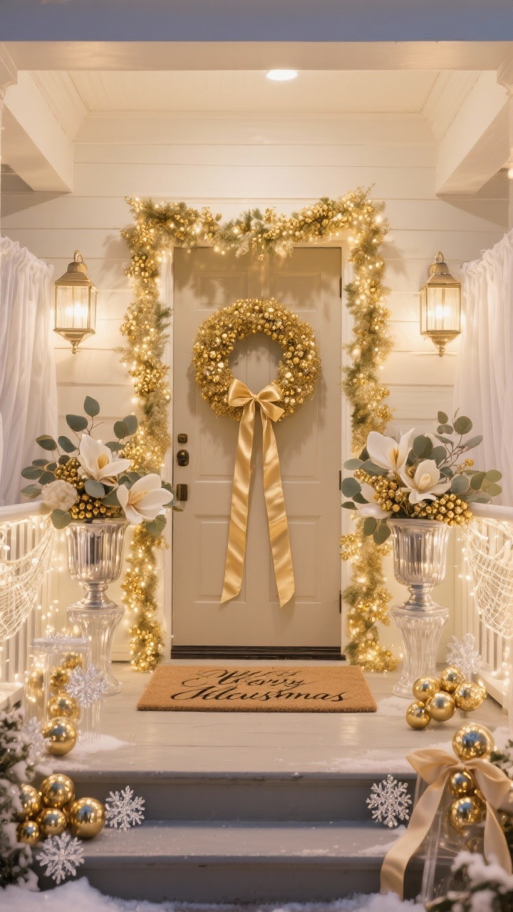 Wide, glamorous straight-on porch shot shimmering with gold and champagne: sprayed champagne garland framing the doorway, a gold-studded wreath with long satin ribbon tails; mercury glass lanterns glowing softly; tall urns with frosted faux florals—eucalyptus, magnolia leaves, and gold berries; a neutral doormat with a script holiday greeting anchoring the entry. Add clear vessels filled with gold baubles, satin ribbon accents, and crystal-look snowflakes catching the light. Lighting: soft white curtain or net lights along railings for a gentle, luxurious glow. Color palette: champagne, soft gold, ivory, warm white. Photorealistic evening sparkle, no people.