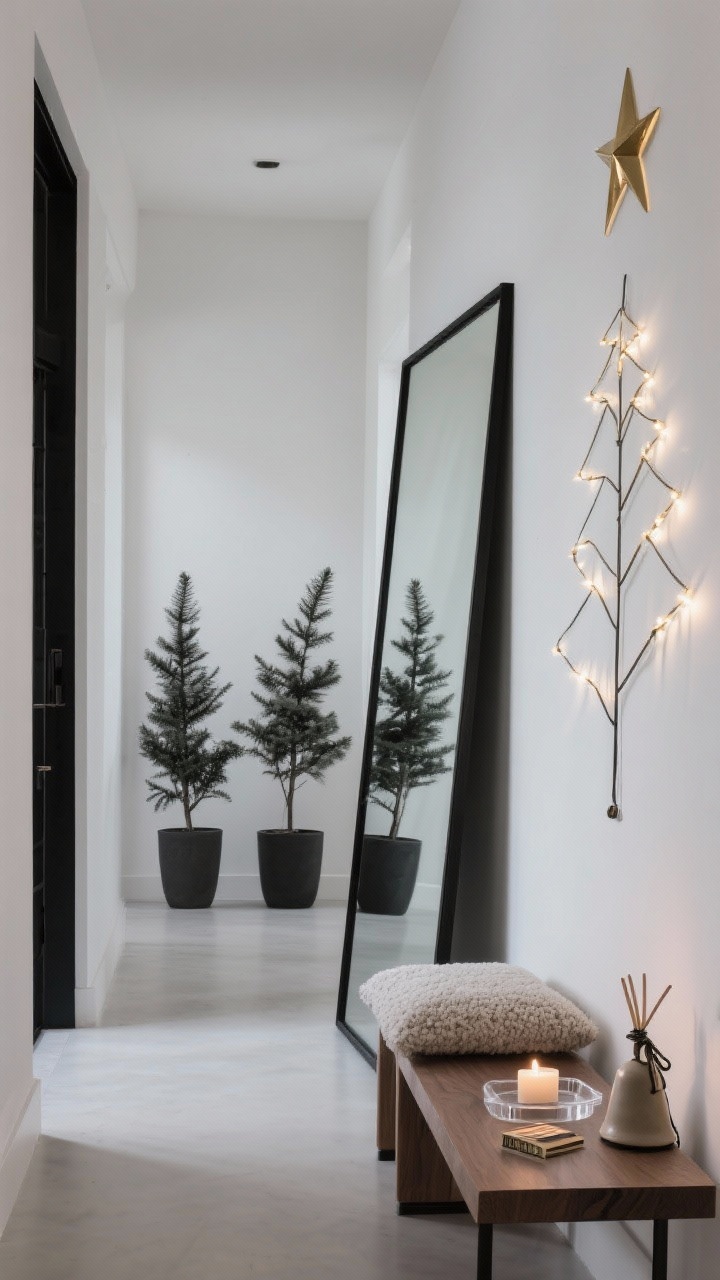 Wide hallway photorealistic shot with minimalist modern styling: a tall black-framed floor mirror leaning against a crisp white wall, flanked by two slim planters holding sculptural Norfolk pines. Across the opposite wall, a tight zig-zag of LED fairy lights forms a minimalist tree, whose thin brass star topper is doubled in the mirror. Palette is monochrome: charcoal, white, matte black, with a whisper of warm wood. Include a low bench with a boucle cushion, a single acrylic tray holding a candle and matchbook, and one restrained ceramic bell ornament tied to the bench. Clean lines, soft indirect evening glow, high contrast.