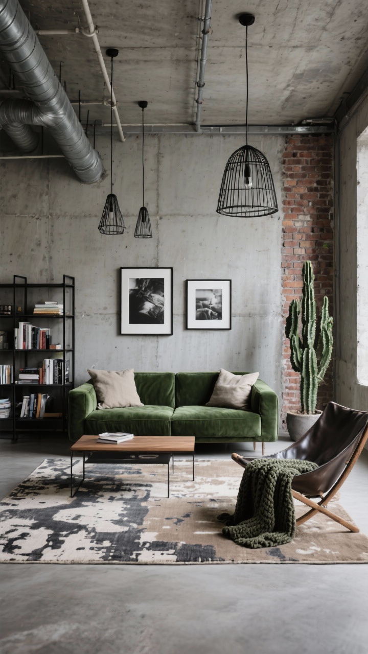 Wide industrial loft scene, gritty and refined: a hunter-green leather or velvet sofa set against concrete walls (or faux-concrete) with exposed ductwork/brick accent; steel-and-wood coffee table, black iron bookshelves; rug with a grungy abstract pattern in charcoal and taupe; overhead black linear chandelier or wire-cage pendants; oversized black-and-white photography in thin black frames; textures include raw linen pillows, a leather sling chair, chunky knit throw; a single oversized cactus or snake plant for sculptural contrast; cool, confident mood, photorealistic.