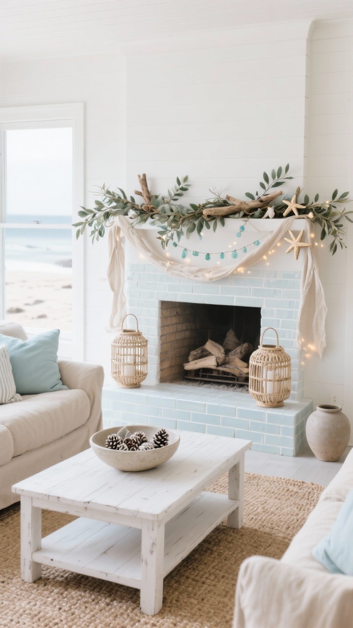 Wide living room shot, Coastal Calm: a linen sofa in sandy beige with seafoam and pale blue pillows, a whitewashed low coffee table on a jute rug, stacked white tile fireplace. An airy mantel garland of olive branches and sage eucalyptus draped lightly, woven with sea glass beads, small driftwood pieces, mini starfish, and a subtle thread of soft twinkle lights; linen ribbon in sand tones. Two woven lanterns flank the hearth; a ceramic bowl of bleached pinecones on the coffee table ties the textures. Palette of sand, seafoam, misty blue, soft white; textures of jute, linen, whitewashed wood, and matte pottery. Gentle, natural morning light for a serene beach-house-in-winter mood. Photorealistic, corner perspective.