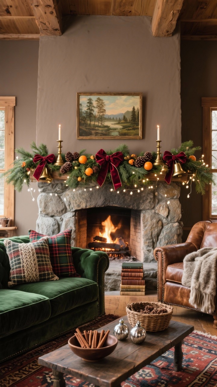 Wide living room shot, Heritage Lodge style: a stone fireplace with a thick cedar and noble fir garland swagged across the mantel, tucked with burgundy wired velvet ribbon, tartan bows, clusters of antique brass bells, dried oranges, and pinecones; warm white micro-lights woven through the greens for a soft glow. Mushroom taupe walls, a deep forest green velvet sofa loaded with plaid and cable-knit pillows, a kilim rug on the floor, a vintage leather armchair, and a basket of wool throws. Mantel styled with two brass candlesticks, a vintage landscape painting, and a small stack of leather-bound books. On the coffee table, a bowl of cinnamon sticks and a couple of mercury glass ornaments. Lighting: firelight + warm ambient, heirloom, cozy, nostalgic mood. No people, photorealistic, straight-on perspective.