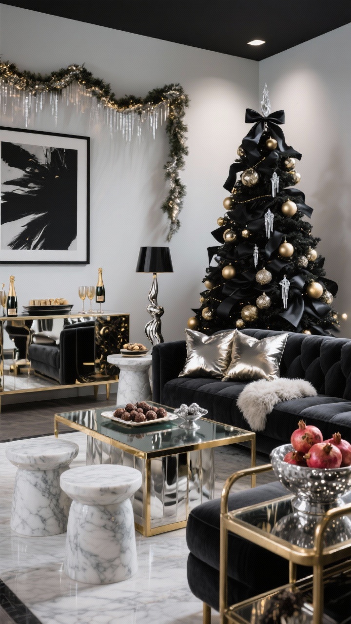 Wide lounge shot, low perspective: Modern Glam Metallics Lounge with a charcoal velvet sofa, marble pedestal side tables, and a sculptural floor lamp. Palette of black, white, and mixed metallics with subtle moody jewel tones. Monochrome Christmas tree decorated with black satin ribbon, mirrored ornaments, matte gold baubles, and clear icicles. Brass-framed coffee table with smoked glass top; acrylic nesting stools; oversized black-and-white art on the wall; metallic garland over a console styled as a bar setup with champagne coupes, a tray of truffles, and a bowl of silver-dusted pomegranates. Layered metallic pillows and a faux-mohair throw. Dim overheads; spotlight on the bar cart and reflective metallic surfaces for sparkle, photorealistic, no people.