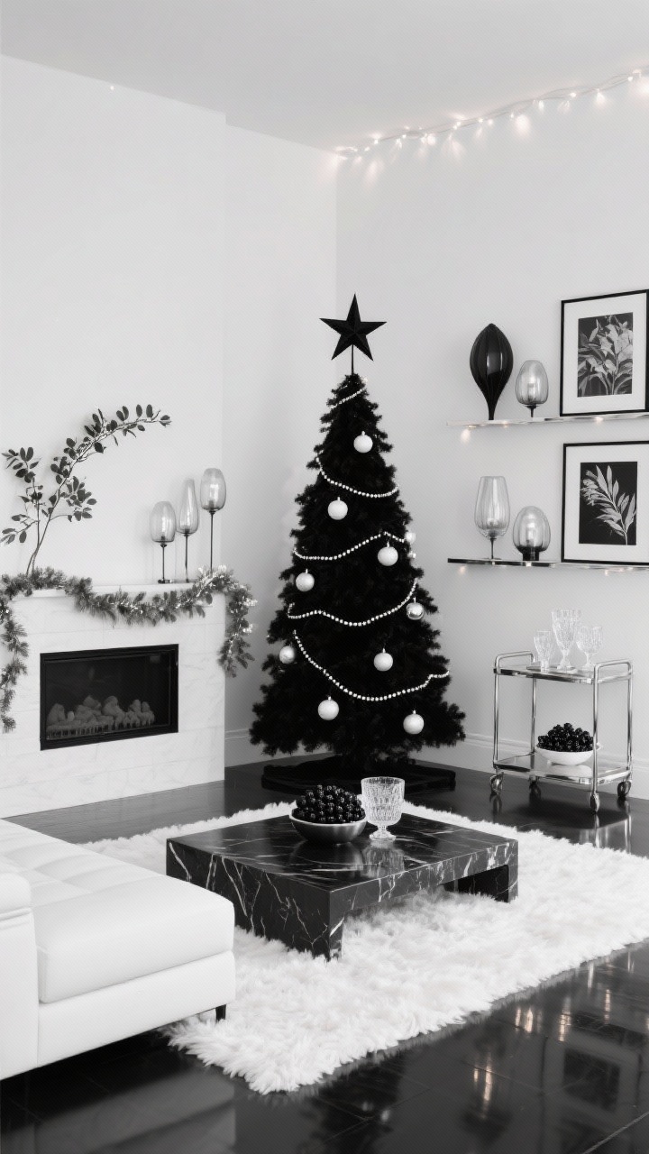 Wide, minimal living area, photorealistic: Monochrome Minimal Glam scene in strict black, white, and chrome. A crisp white low-profile sectional faces a black marble coffee table; high-pile white rug softens the floor. Graphic Christmas tree with matte black and glossy white ornaments, thin black velvet ribbon, and a geometric star topper with airy branches and negative space emphasized. Mantel with a single eucalyptus strand intertwined with chrome bead garland; cluster of smoked glass hurricanes. Shelves styled in threes: black-and-white photography in slim black frames, sculptural objects, one botanical. A chrome bar cart with cut-crystal glassware and a bowl of blackberries. Clean, high-contrast lighting with fairy light reflections; gallery-like, festive. Shot from a corner angle to showcase depth and reflection.