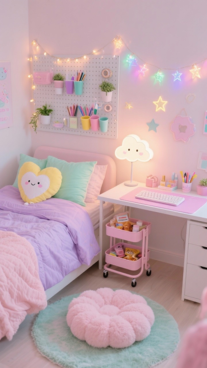 Wide, pastel Kawaii Cozy dorm scene, playful and dreamy, no people. Blush or lavender duvet layered with mint and butter-yellow pillows, including a heart or cloud-shaped pillow. Tufted pastel rug and a plush floor cushion for ground studying. Pegboard wall with color-coded cups holding pens, washi tape, and mini plants; iridescent garlands and star-shaped string lights adding sparkle. Small acrylic rolling cart in cotton-candy colors stocked with snacks and skincare. Pastel desk mat with matching keyboard cover on the desk. Star or cloud-shaped lamp glowing warmly. Straight-on view with soft, diffused lighting.