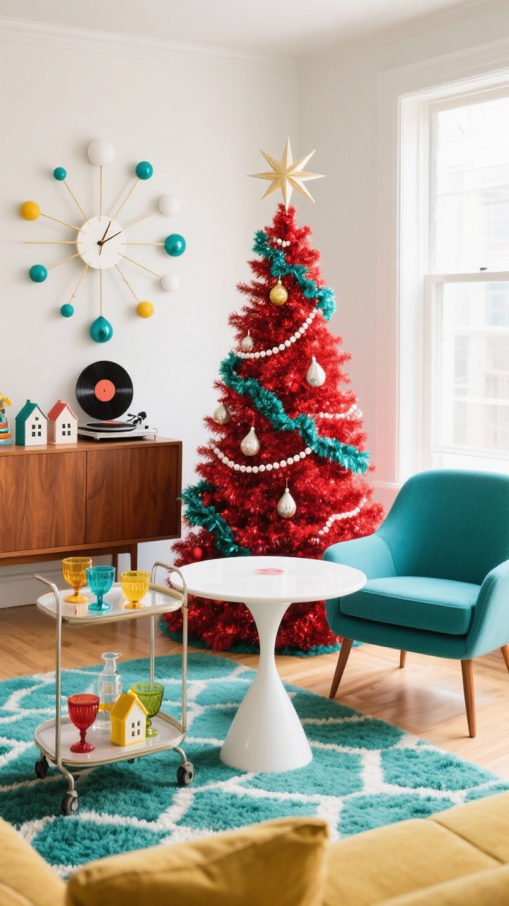 Wide, playful retro scene, Mid-Century Merry In Cherry Red And Teal: A bright living room with a cherry red tinsel Christmas tree as centerpiece, styled with teal, mustard, and crisp white atomic shapes—teardrop and finial ornaments, white bead garland, teal satin ribbon, and a starburst topper. Furnishings include a warm walnut credenza, a teal accent chair with tapered legs, and a round white pedestal table. A shag or low-pile geometric rug ties it together; a retro bar cart with colored glassware, ceramic houses on the credenza, a starburst wall clock, and a record player spinning holiday vinyl. Cheerful, graphic look with clean lines and daylight streaming in, photorealistic, corner angle to show depth.