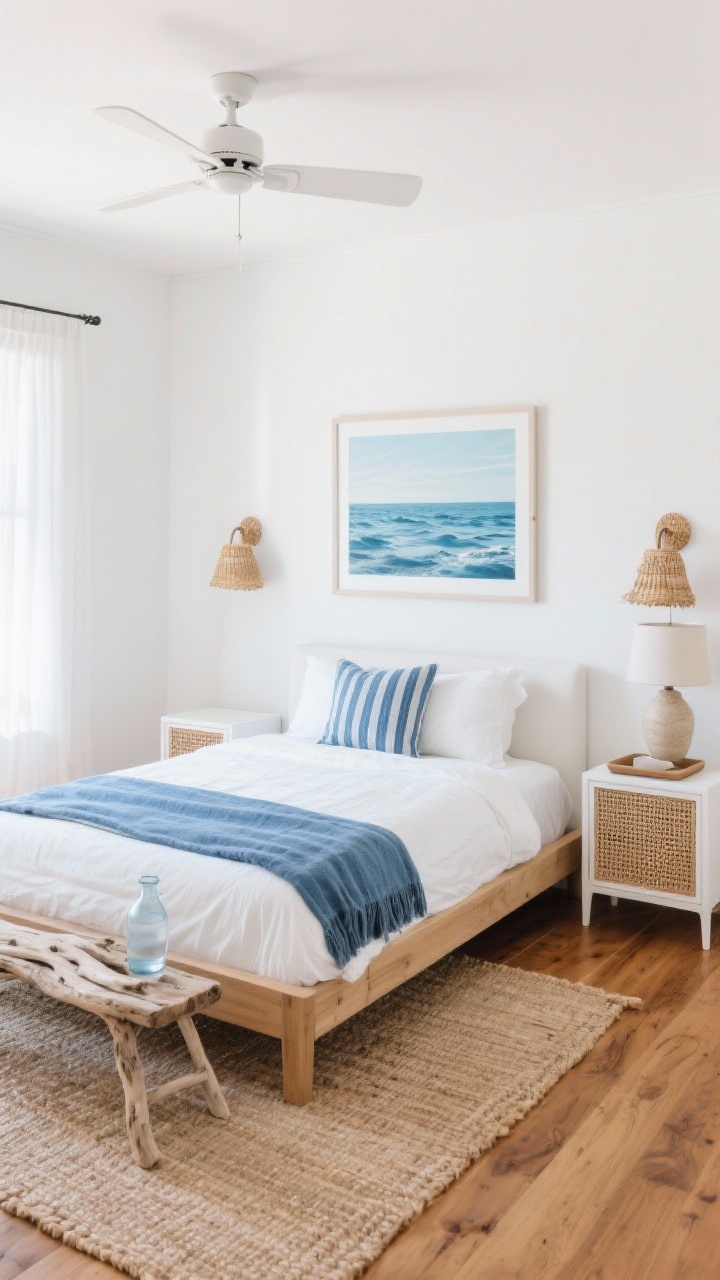 Wide room shot: A coastal calm guest bedroom with soft white walls and layered ocean-inspired blues (dusty denim, seafoam, touches of navy). Light oak platform bed with a simple headboard dressed in crisp white percale sheets, a striped blue throw, and two pillow sets (white and blue linen). Slim white nightstands with rattan fronts topped by woven seagrass sconces. Natural jute rug over warm wood floors, framed coastal photography in abstract blues, ceramic table lamp with sandy glaze, white ceiling fan overhead. A small driftwood bench at the foot of the bed and a water carafe on a tray. Bright natural daylight, breezy, beachy mood, photorealistic.