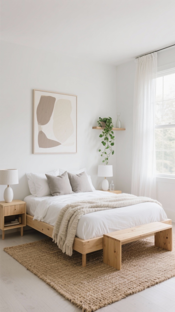Wide room shot: A Scandinavian-inspired guest bedroom with milky white walls flooded by natural light through gauzy sheer curtains, a pale oak platform bed made with crisp white percale bedding, a chunky wool throw draped at the foot, and two greige euro pillows. A slim maple bench sits at the foot of the bed, a woven jute rug grounds the space, and matching blonde wood cube nightstands with hidden storage hold white ceramic lamps with linen shades and a petite carafe and glass set. A single oversized abstract art piece in soft taupe and cream hangs above the bed; a trailing pothos rests on a simple wall shelf. Calm, airy, whisper-quiet mood, morning light, photorealistic.