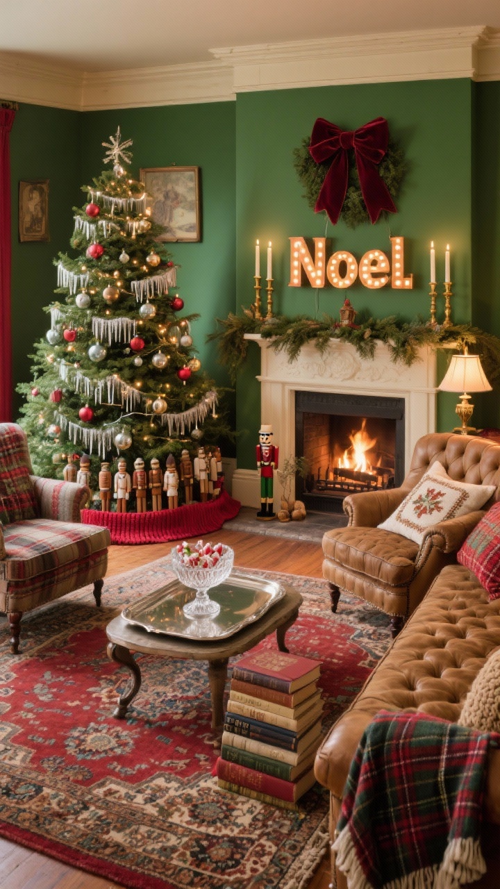 Wide room shot, classic red and green parlor with heirloom charm: a cozy storybook living room with hunter green walls (or warm cream), a tufted camel leather sofa, two vintage wool plaid armchairs, and a plush Persian-style rug. A tall Christmas tree dressed in glass baubles, tin icicles, velvet bows, and safe LED clip-on candle lights; hand-knit tree skirt with wooden nutcrackers tucked beneath. Mantel styled with cedar garland, brass candlesticks, and a vintage “Noel” marquee sign. Coffee table vignette: silver tray, cut-crystal candy dish, stack of classic Christmas books. Textiles include wool tartan throws, needlepoint pillows, chunky knit cushions. Warm firelight and soft lamp glow; corner angle, photorealistic, no people.