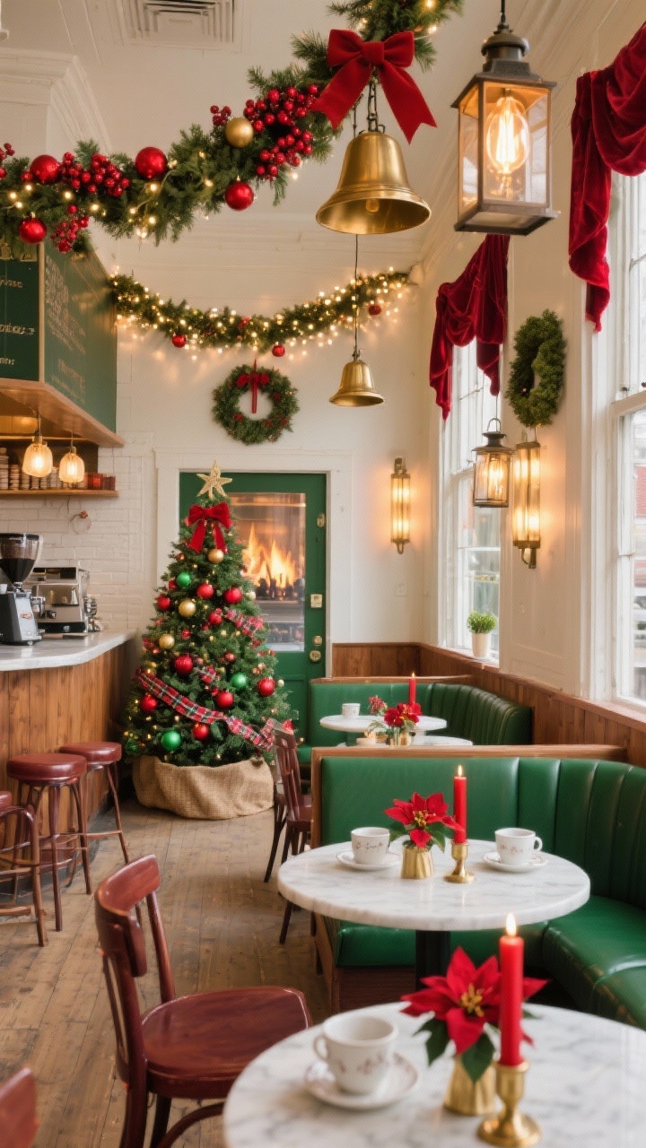 Wide room shot, Classic Red & Green Hearthside Cafe: A cozy, photorealistic cafe interior with creamy white/oat walls, warm wood tones, deep green banquettes, and cherry-stained café tables. A large faux garland with clusters of red berry picks drapes over the coffee bar, layered with warm-white fairy lights; brass bells hang from the garland. Windows are dressed with red velvet ribbon swags and small boxwood wreaths. At the entrance, a traditional Christmas tree with matte red, green, and gold ornaments, plaid ribbon, and a burlap tree collar. Tabletops set with white stoneware, mini poinsettias, and red taper candles in brass holders. Lighting is warm: Edison bulbs, lantern-style pendants, and candlelike LED pillars, creating a fireside feel. No people, photorealistic, straight-on perspective.