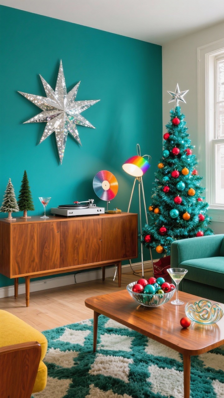 Wide room shot, mid-century merry living room with retro sparkle: clean-lined warm walnut credenza, low-profile sofa in teal or olive, geometric shag rug, record player spinning holiday vinyl, and starburst wall decor. A bold silver tinsel tree with Shiny Brite ornaments in turquoise, cherry red, and citrus, topped with an atomic star. Cone trees, vintage cocktail glasses, and a bowl of glass baubles on the credenza. Color story of teal, mustard, cherry red, and pops of chrome. Lighting includes a tripod floor lamp, swirled glass table lamp, and a classic color-wheel spotlight casting rainbow shimmer on the tree. Slight corner perspective, playful yet polished, photorealistic.