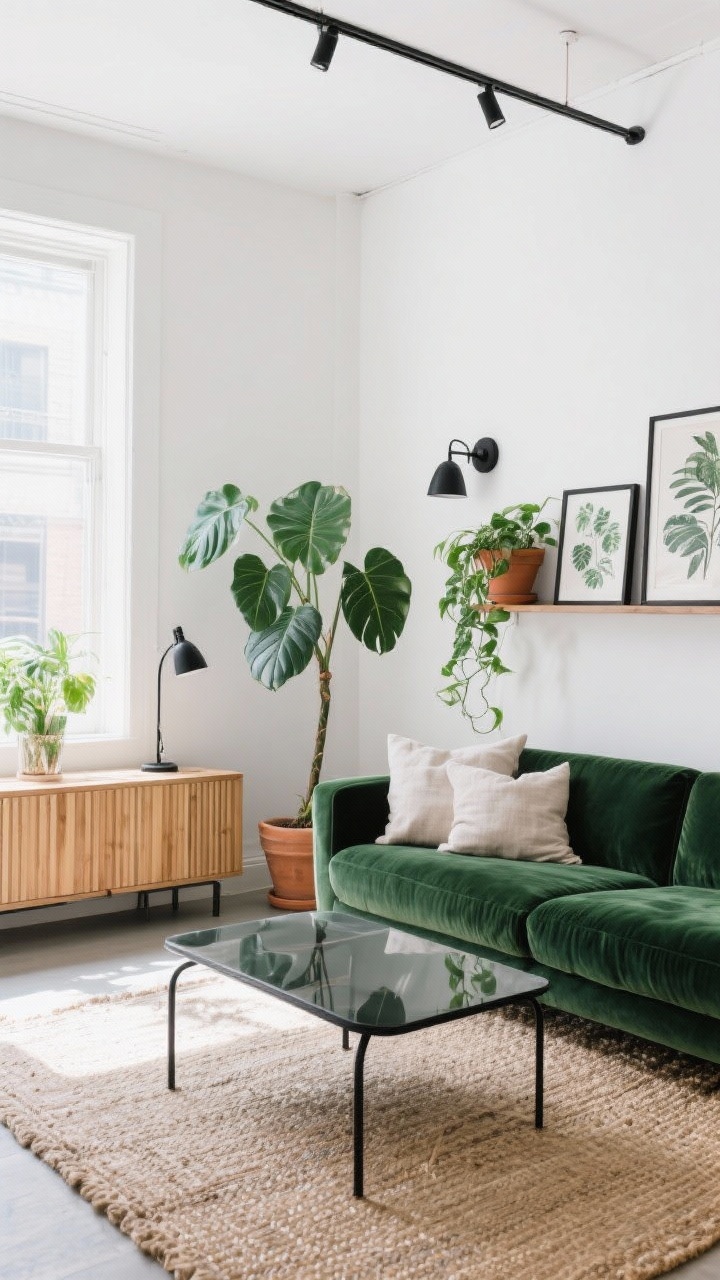 Wide room shot, Modern Botanical Loft: a deep forest green velvet sofa against crisp white walls, light oak slatted console behind it, natural jute rug underfoot. Black metal coffee table with a smoked glass top centered, matte black wall sconces and a clean-lined black floor lamp. Oversized plants: a tall fiddle leaf fig, a rubber tree, and trailing pothos on floating shelves. Botanical art prints, linen throw pillows, terracotta planters. Bright daytime natural light streaming in, sleek lines, textures of velvet, jute, raw wood, and matte metal, photo-real, straight-on view.