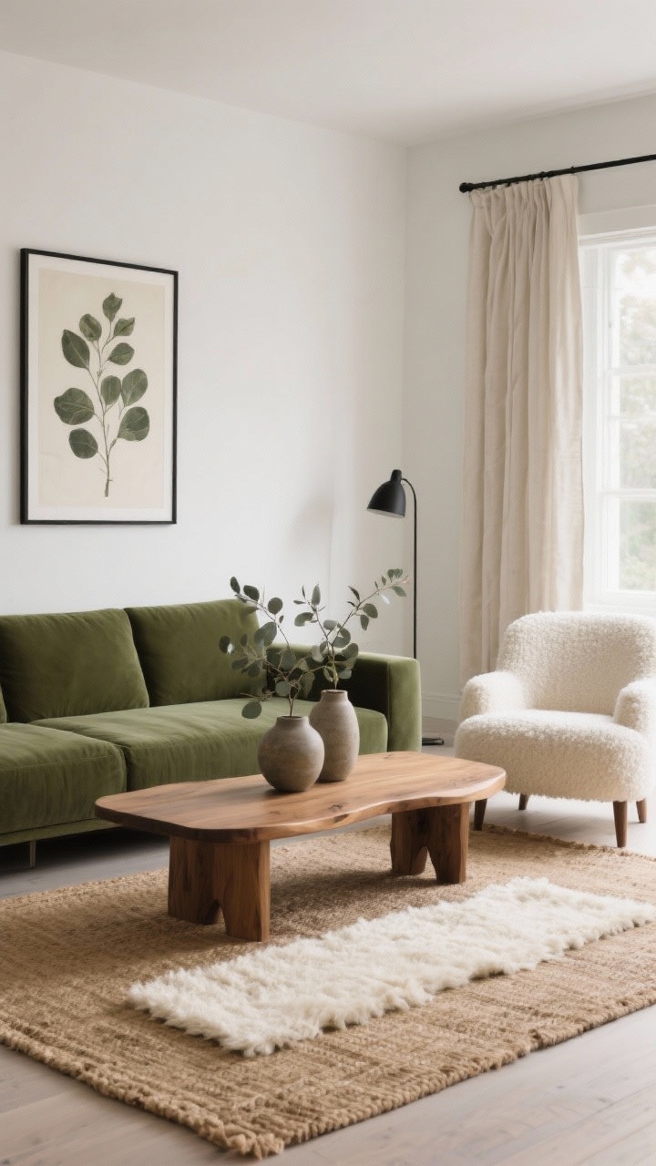 Wide room shot, Modern Organic with Warm Neutrals: A serene living room with a deep olive-green sofa as the anchor, a chunky oak coffee table with softly curved edges, and a cream bouclé accent chair opposite. Layered rugs: a large natural jute rug with a smaller shaggy cream runner centered beneath the table. Warm white walls with a single oversized botanical print in a thin black frame. Linen curtains pooling slightly on the floor. Stoneware vases with eucalyptus branches on the table, a matte black floor lamp to one side. Palette of olive, cream, sand with subtle black accents. Soft natural daylight, calm and earthy atmosphere. Photorealistic, straight-on view.