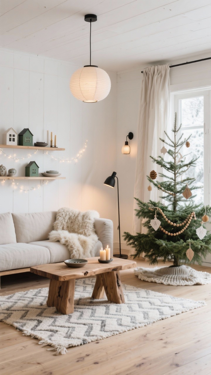 Wide room shot, Nordic Cabin Glow living room: soft oat white walls, matte light oak floors, palette of white, sand, charcoal, and pine green. Low-profile linen sofa with a faux sheepskin throw and a hand-knit wool blanket; chunky oak coffee table on a cream-and-gray herringbone rug. Flax linen curtains filter warm light. Paper lantern pendants overhead, a matte black floor lamp in the corner, and micro-fairy lights tucked along open shelves with ceramic houses, stoneware candle trays, and a linen tree skirt. Sparse fir tree decorated with paper ornaments, wood bead garlands, and beeswax tapers in wall sconces. Airy, minimal, layered, quiet luxury; photorealistic, natural winter daylight with warm lamp glow.