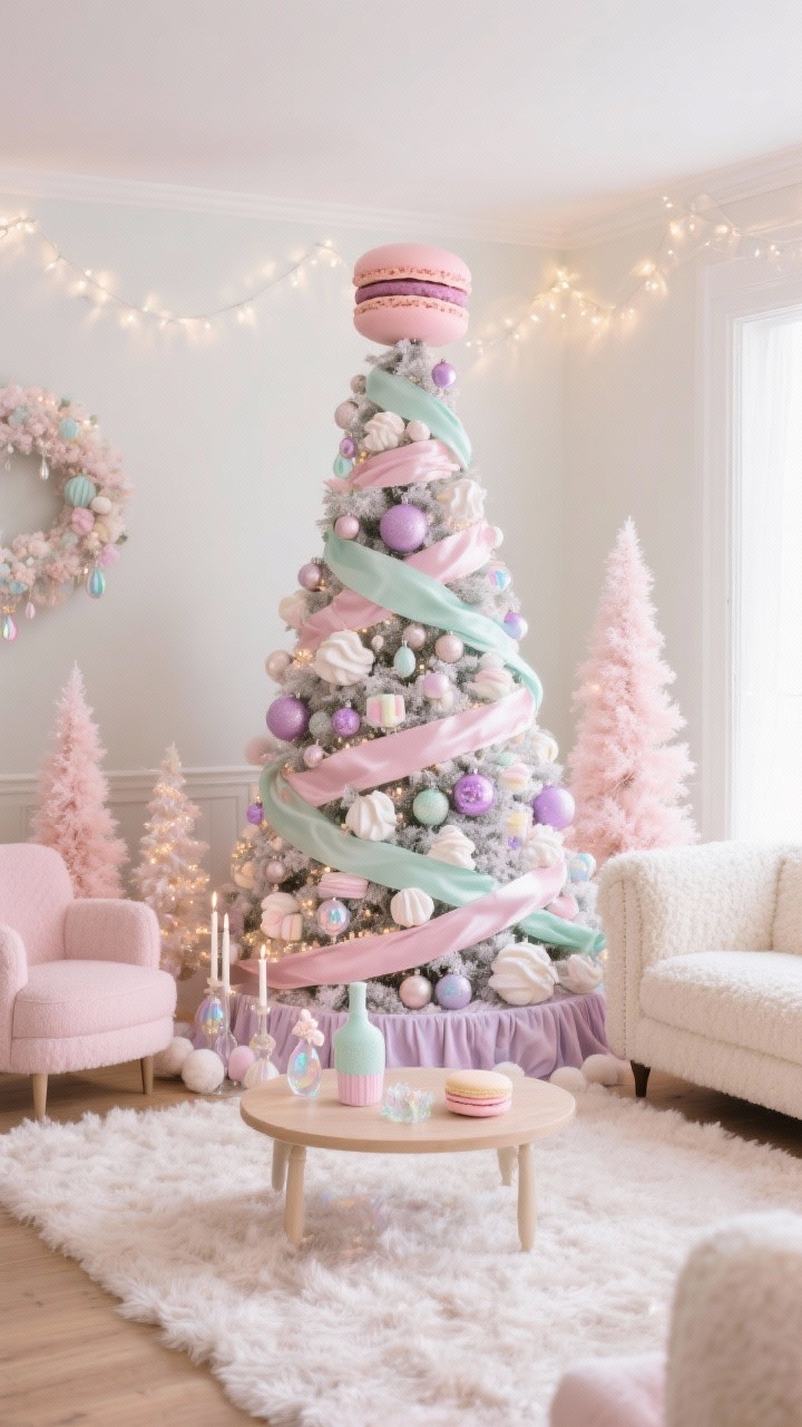 Wide room shot, Pastel Bonbon Parlor: A flocked Christmas tree wrapped in wide satin pastel ribbon spiraling like cupcake icing, in cotton-candy pink, mint, and lilac. Ornaments include meringue-style pieces, oversized macaron baubles, sugar-dusted faux marshmallows, and delicate iridescent glass drops. A plush pastel velvet tree skirt, pale pom-pom garlands, and a giant macaron tree topper. Surroundings: cream bouclé sofa, blush accent chairs, pale wood coffee table, pastel bottle-brush trees, frosting-piped candle holders, and a soft shag rug. Warm white fairy lights with an opalescent glow. Soft, photorealistic lighting with a dreamy, airy mood, straight-on angle.