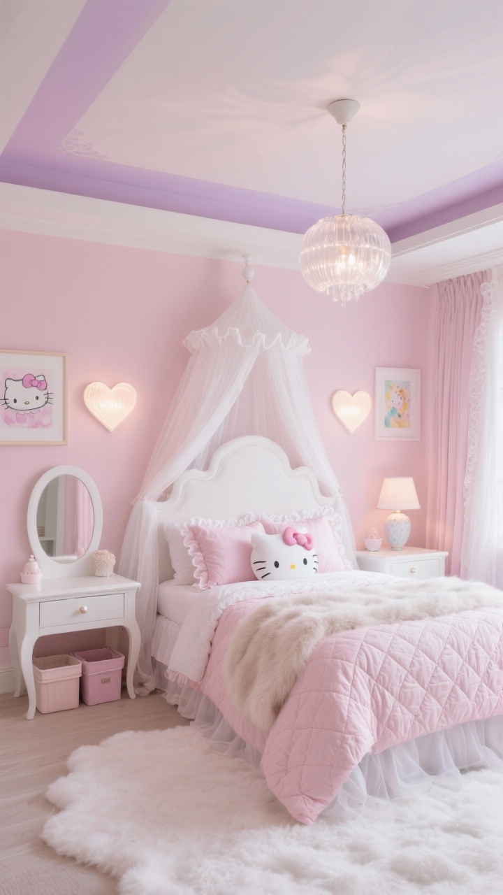 Wide room shot, pastel dreamscape Hello Kitty bedroom: soft blush pink walls with a whisper of lilac painted on the ceiling, white scalloped headboard, curved white nightstands with pearl knobs, slim white vanity with oval mirror, pale-pink quilted comforter with a big satin bow motif and matching shams, layered textures including a faux-fur throw, ruffled euro pillows, and a cloudlike white area rug; small white canopy with sheer drapes framing the bed, frosted globe chandelier overhead, heart-shaped sconces casting a cozy glow, watercolor Hello Kitty art prints, ceramic bow-shaped lamp, pastel storage bins tucked under the bed; gauzy curtains pooling slightly on the floor; airy, cotton-candy calm atmosphere; photorealistic, corner angle to show ceiling tint and canopy.