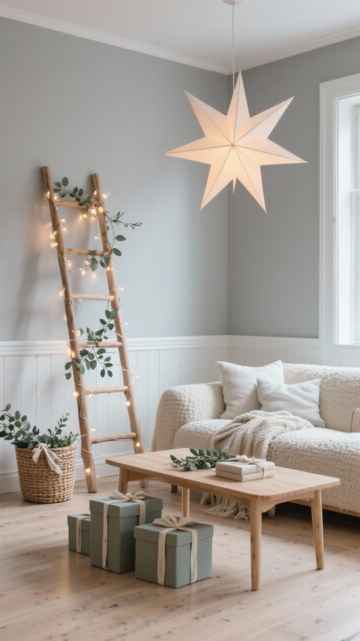 Wide room shot, photorealistic: A serene Scandinavian living room with soft gray walls and a whitewashed backdrop, featuring a slim natural-wood ladder leaning casually and wrapped in warm micro fairy lights. At the base, a trio of matte ceramic gift boxes and a woven basket for presents. Eucalyptus sprigs tied with linen ribbon on each rung. Blonde oak coffee table on a pale oak floor, creamy boucle sofa with oversized cushions, wool throws folded neatly. Overhead, a folded paper star pendant glowing softly. Palette of soft whites, dove gray, pale oak, muted sage. Clean, airy Nordic minimalism, no people, warm evening lighting with gentle shadows.
