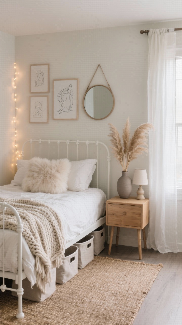 Wide room shot, photorealistic dorm bedroom in soft neutrals and layered textures, color palette of warm whites, oatmeal, taupe, and soft gray. A cream duvet layered with a chunky knit throw and a faux fur accent pillow creates a cloud-like focal bed on a white metal bed frame. Natural wood nightstand with a small ceramic lamp; linen-look storage bins tucked neatly under the bed. Jute rug underfoot, sheer ivory curtains hung with tension rods softening the light. Wall decor: neutral-toned line art grouped with a simple round mirror, plus a matte vase holding a dried pampas arrangement. Warm LED string lights add glow. Calm, serene mood, straight-on angle.