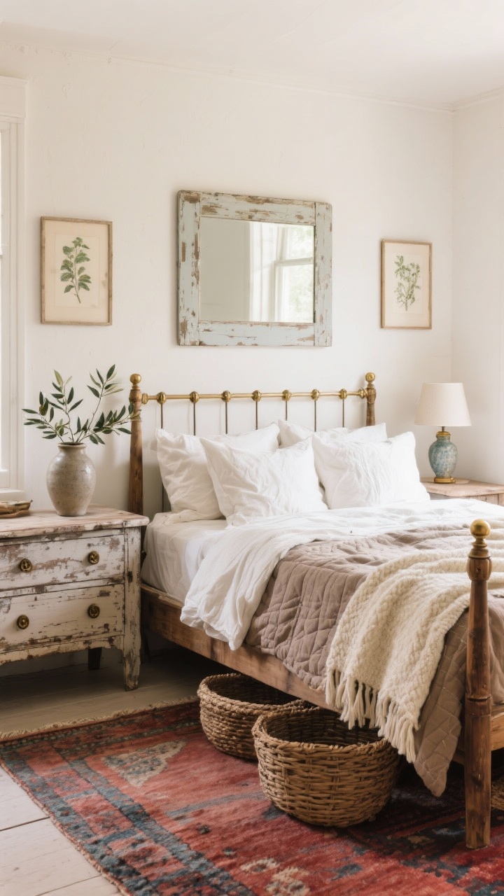 Wide room shot, straight-on view: A cozy farmhouse bedroom with warm white walls, a weathered oak bed frame piled with ivory linen pillows in a casual crinkled finish. At the foot, a vintage wool rug in muted faded reds and smoky blues. Mismatched reclaimed-wood side tables with ceramic lamps and aged brass pulls. Bedding layered with a linen duvet, a soft taupe quilt, and a chunky cream throw. A low, wide dresser with cup pulls, chippy-paint mirror above, framed botanical prints, a stoneware vase with olive branches, and woven baskets tucked under the bed. Soft morning natural light; calm, rumpled, lived-in vibe. Photorealistic, no people.