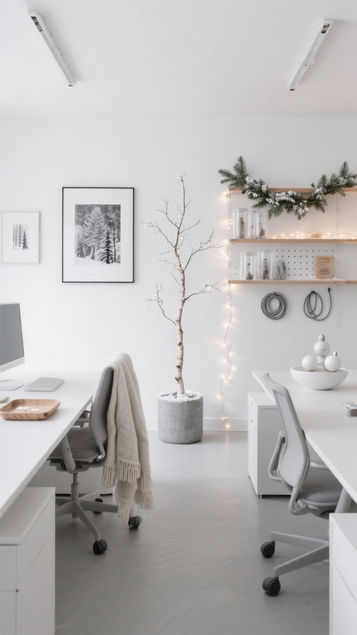 Wide room shot, straight-on view of a minimal Nordic office in winter whites, soft gray, and natural wood. Clean-lined desks kept clear with matte white desk accessories and pale birch trays; a slim frosted tabletop tree in a concrete planter as the understated focal point. Warm-white fairy lights woven along open shelves (no blinking), simple eucalyptus garlands and pine sprigs set in glass cylinders with faux snow. Textures include wool throws draped over task chairs, linen pinboards on the wall, and felt cable organizers. Swap colorful art for black-and-white winter prints; a shallow bowl of matte white ornaments used as a paperweight. Soft, gentle glow lighting, airy and serene mood, photorealistic.