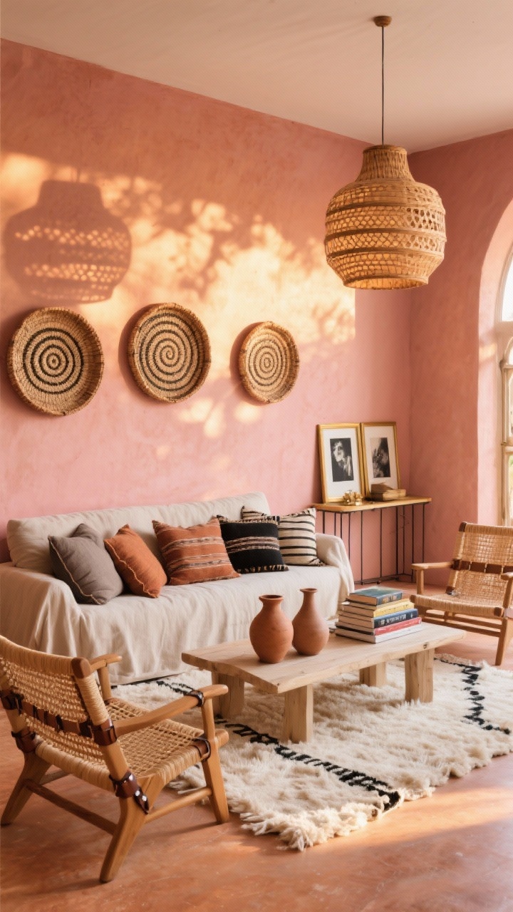 Wide room shot, Sun-Soaked Nomad Living Room: a bright, sunlit living room in warm ochres, desert pinks, and sun-baked terracotta. Low linen-covered sectional piled with Bogolan (mud cloth) and woven Kuba cushions in taupe, clay, and black. Chunky cream Beni Ourain-style rug underfoot. Behind the sofa, a trio of oversized woven baskets with spiral patterns on the wall. Rattan accent chairs with leather straps, a bleached wood coffee table with hand-thrown clay vases and a stack of travel books, slim iron console with brass-framed black-and-white portraits. Cane drum pendant casting patterned shadows at dusk. Photorealistic, corner angle, soft late-afternoon glow.