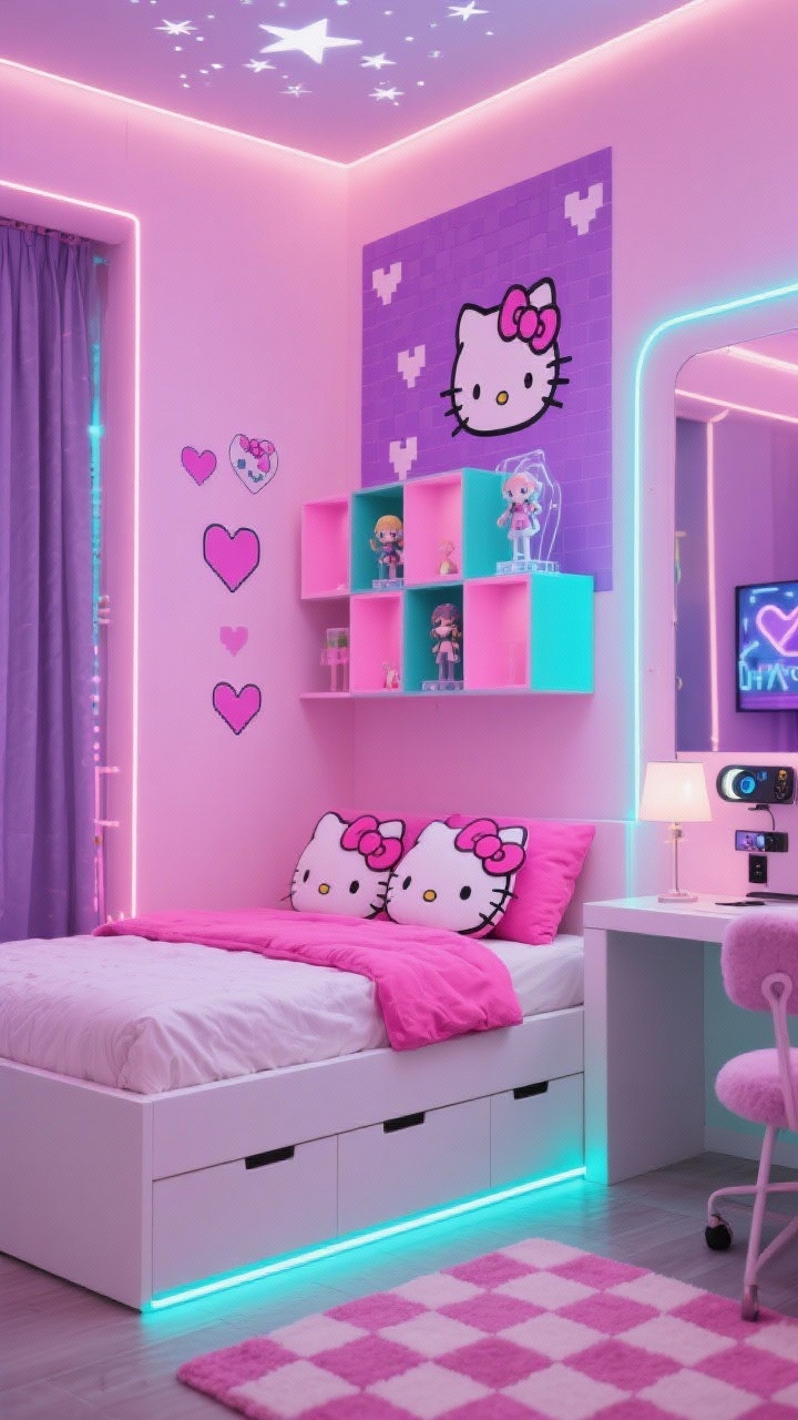 Wide room shot, Tokyo pop neon gamer energy: bubblegum pink walls with one lavender mural wall featuring pixel hearts and bold Hello Kitty decals; white platform bed with drawers, reversible bedding (hot pink side with oversized bows showing), modular cube shelves displaying figures on acrylic stands, corner gaming desk; LED strip lighting under the bed frame, around the mirror, and behind shelving with color set to a mix of pink, aqua, and purple; kitty-ear desk lamp, mini projector casting star patterns on the ceiling; plush Hello Kitty pillows, checkered rug in pink and lavender; blackout curtains trimmed with neon piping; playful, electric mood; photorealistic, dynamic corner angle capturing the glow.