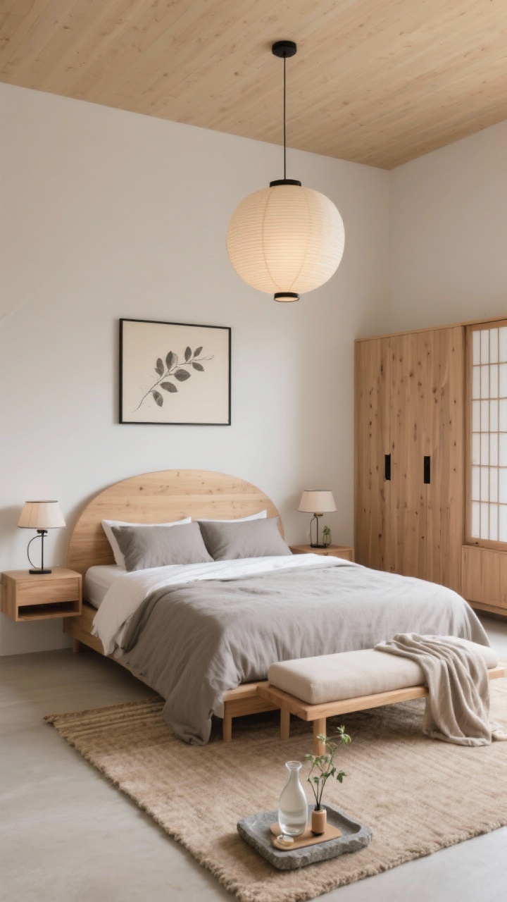 Wide, serene straight-on shot: Japandi sanctuary with a natural palette—mushroom, oat, warm gray. Light ash wood bed with a simple rounded headboard, stone-colored linen bedding. Shoji-inspired lamps on floating wood shelf nightstands, paper lantern pendant centered above. Tatami-style rug or low-pile beige wool rug, slatted wood wardrobe with black pulls. Low bench with neutral cushion and folded throw. Minimal ink drawing or pressed leaves in a thin black frame on the wall. A stone tray with a carafe, tiny bud vase, and small diffuser. Soft, even daylight, breathable calm, photorealistic.