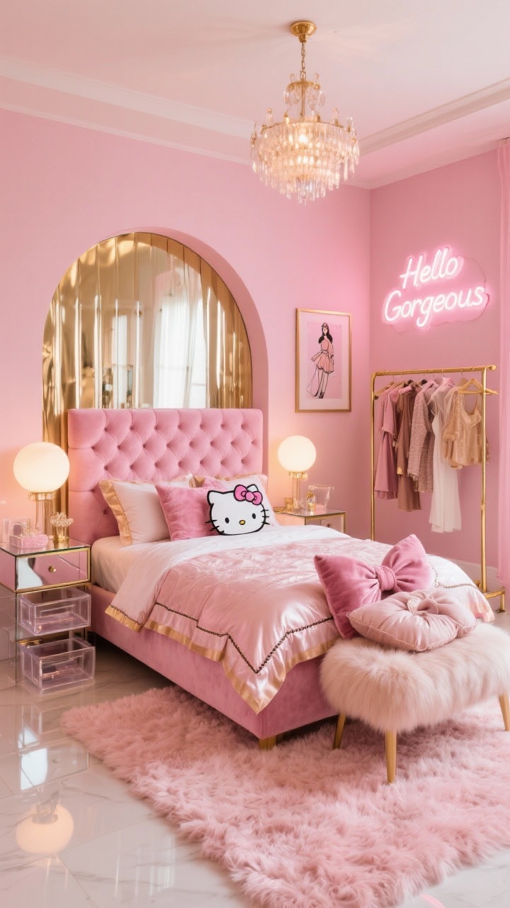 Wide shot — Bubblegum Glam Beauty Bar Bedroom: A glossy bubblegum-pink bedroom with a metallic champagne stripe arch feature behind the bed, a tufted rose velvet headboard, mirrored nightstands reflecting warm light from globe pendants and a mini chandelier, satin-finish Hello Kitty bedding with piped edges and a pile of bow-shaped throw pillows, a Hollywood vanity with a lit mirror, acrylic organizer trays, and a faux-fur vanity stool, a gold garment rack displaying chic outfits, a neon “Hello Gorgeous” sign next to a framed Hello Kitty fashion print, and a plush blush champagne shag rug; textures of velvet, satin, mirror, and faux fur; chic, glossy glamour.