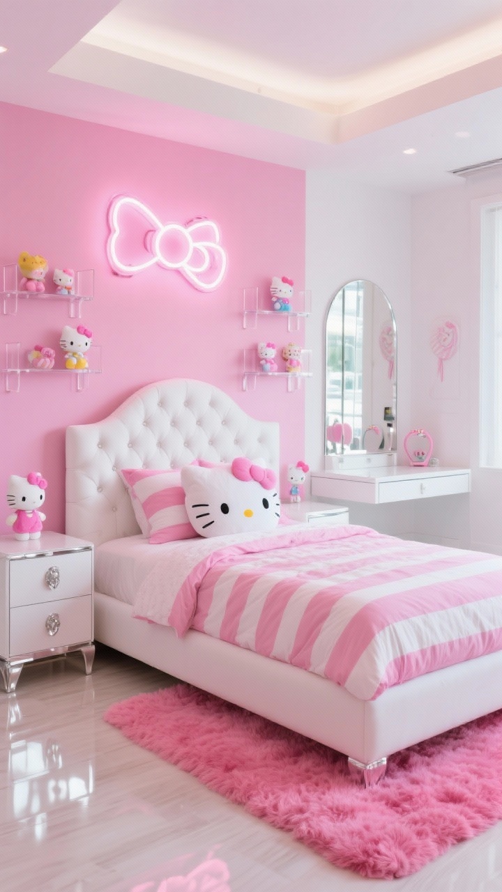 Wide shot, Bubblegum Pop Princess bedroom: a candy-pink accent wall behind the bed with the other walls crisp white; a tufted white headboard and pink-and-white striped bedding with a single Hello Kitty face pillow centered; fuzzy hot-pink rug on light flooring; lacquered white nightstands with silver accents; a mirrored vanity reflecting light; acrylic wall shelves displaying Hello Kitty figures; a neon Hello Kitty bow light glowing above a white desk; glossy and mirrored textures prominent; palette bubblegum pink, white, silver; photorealistic, bright, playful lighting that emphasizes glossy surfaces.