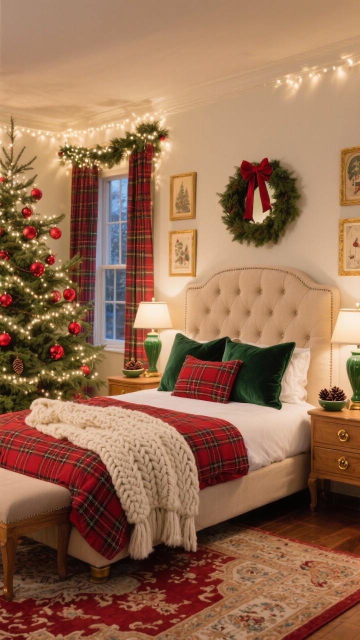 Wide shot, Classic Red & Green Heritage Suite bedroom at dusk, warm white string lights glowing on a medium, full spruce tree decorated with red glass baubles and velvet ribbon garland; bed with an oatmeal linen tufted headboard, red tartan duvet, emerald velvet throw pillows, and a chunky ivory cable-knit blanket at the foot; buttery wood nightstands with brass pulls topped by antique-style green ceramic lamps and a small bowl of pinecones; plaid curtains on the window with a simple evergreen wreath tied in red grosgrain; walls with small gold frames of vintage holiday art and a round mirror over the dresser; Persian-style rug in red and cream underfoot; warm, cozy, heritage ambiance with creamy ivory and wood tones, photorealistic.